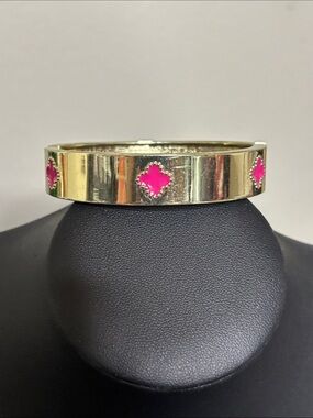 Gold Tone Bangle Clamper Bracelet with Pink Clover Accents